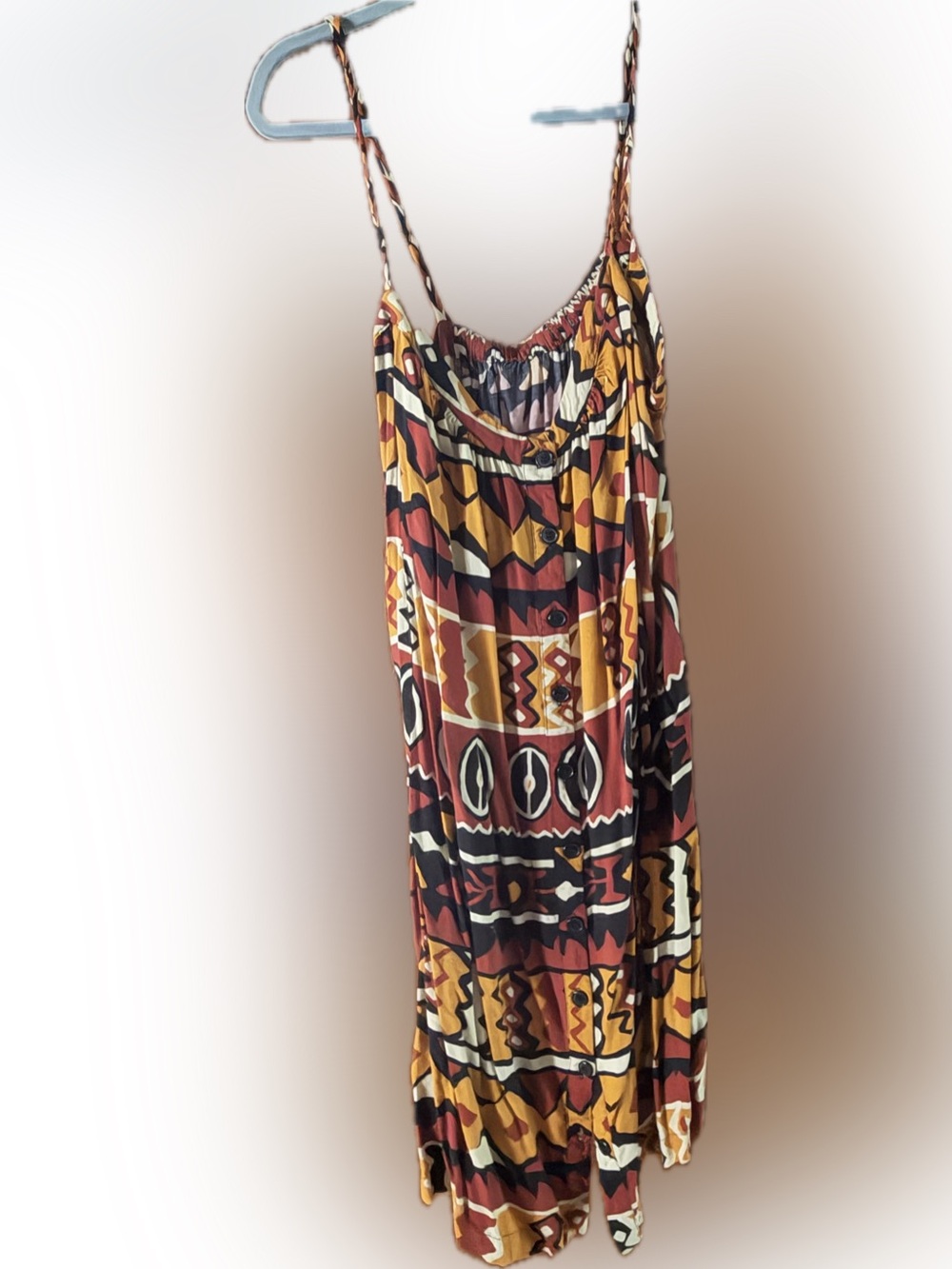 Spaghetti Strap Midi Dress in Rust, Mustard & Black Geometric Print